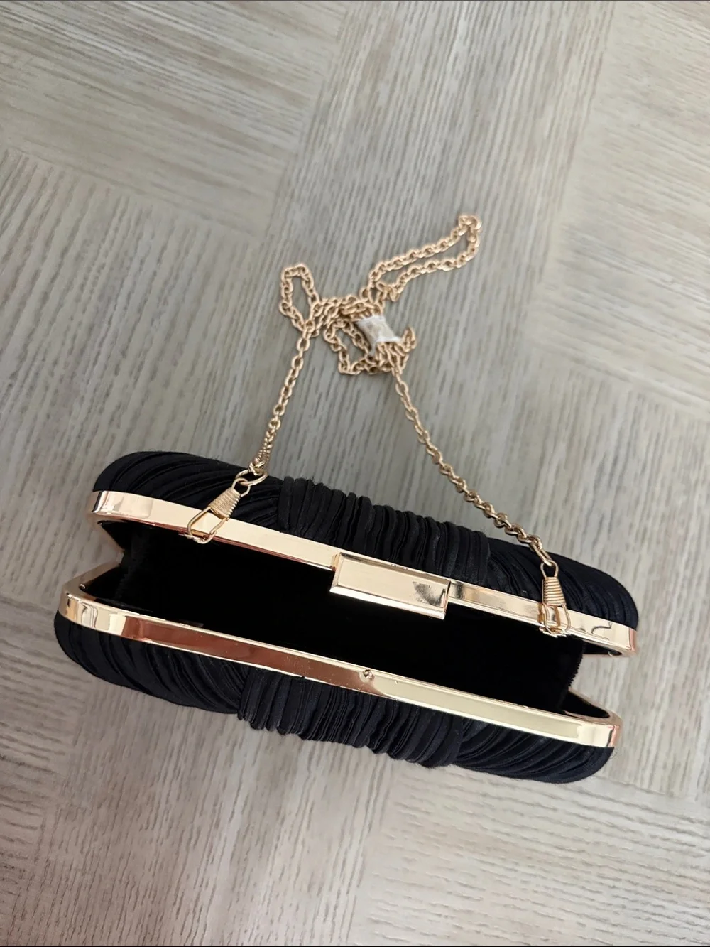 Elegant Black Ruched Evening Clutch with Gold Frame